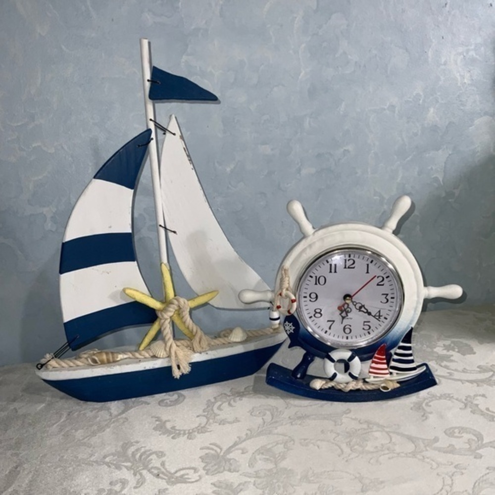 Nautical Decor ~ Wooden ~ Sailboat & A Helm Table Top Clock